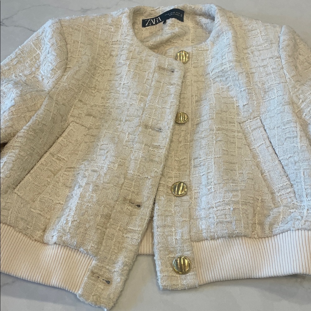 Zara Ivory Textured Weave Bomber Jacket with Gold Accents